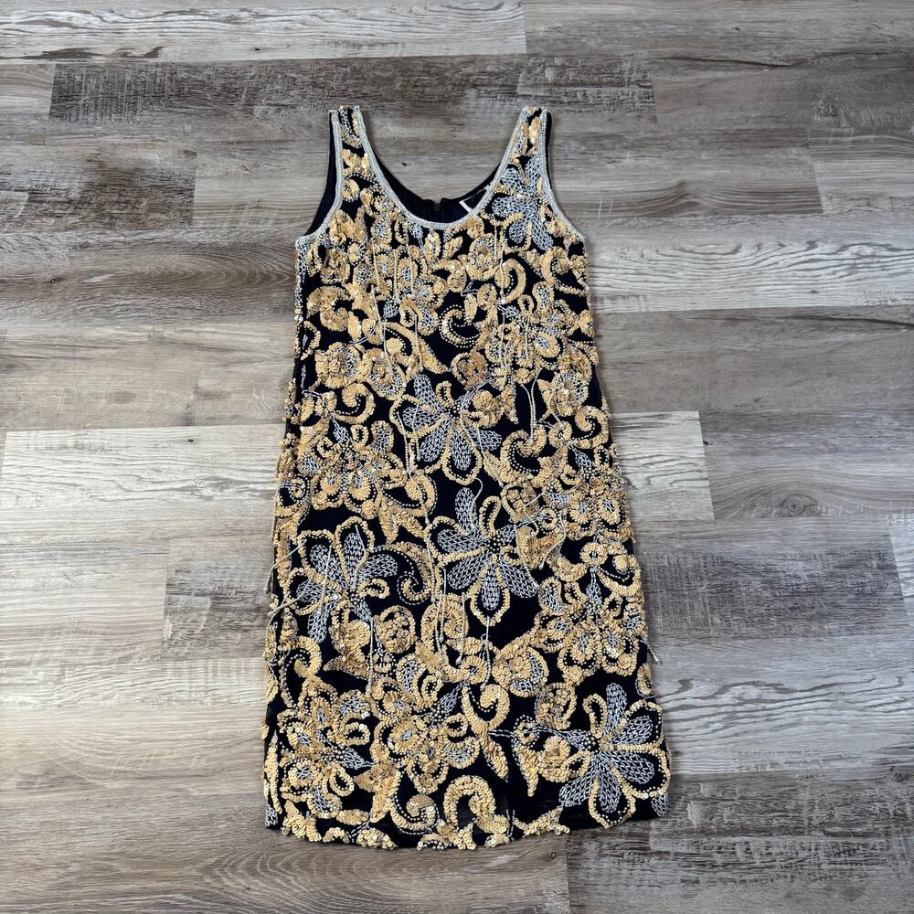Vintage 90s Silk Beaded Sequin Cocktail Dress Navy Gold Art Deco Gatsby M